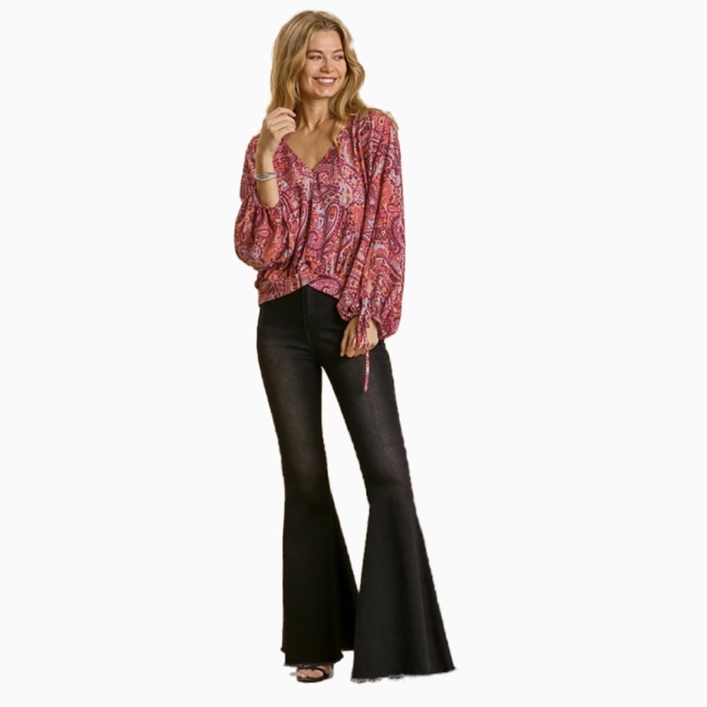 NEW Umgee Paisley Print Med Balloon Sleeves V-Neck Flowy Statement Sleeves - Picture 10 of 13